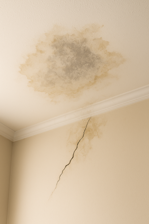 Gutachter-Feuchte Wasserflecken an einer Innenraumdecke unterhalb eines Daches