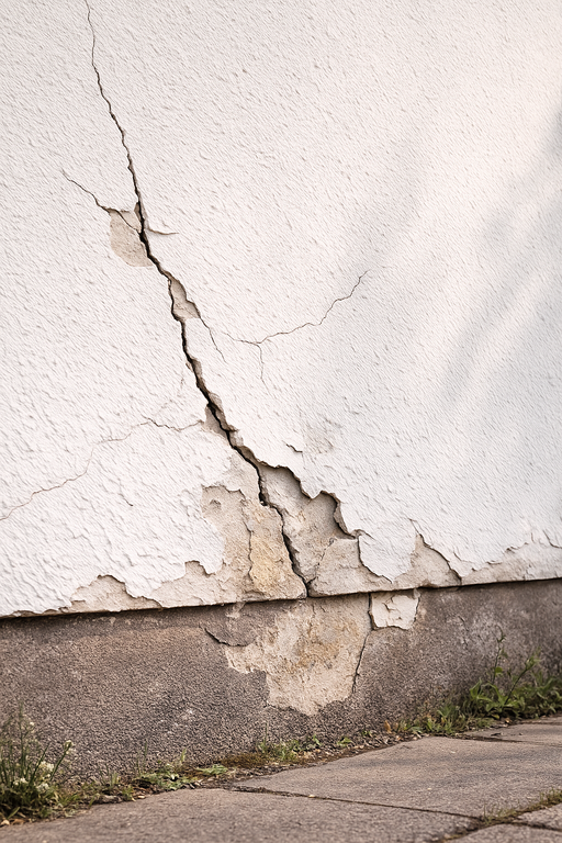 Gutachter-Fassadenfläche mit Putzrissen und Abplatzungen im Sockelbereich