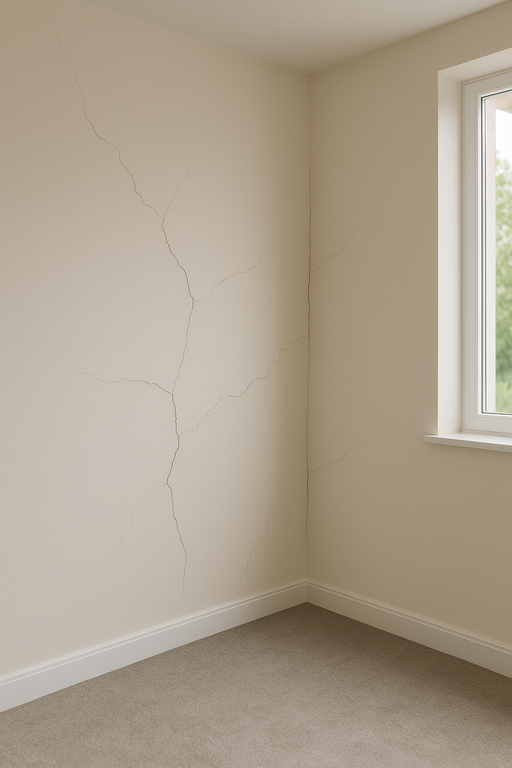 Gutachter-Innenwand mit Rissen im Putz in einem relativ neuen Gebäude