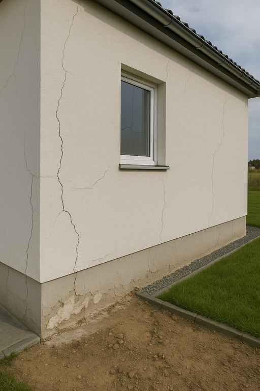 Gutachter-Außenwand eines Wohnhauses mit sichtbaren Rissen und Fassadenschäden
