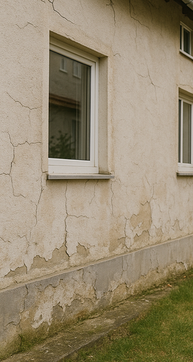 Besichtigung eines Einfamilienhauses mit sichtbaren Fassadenschäden