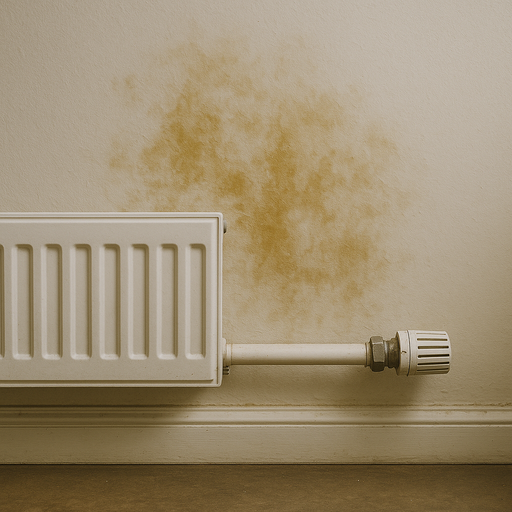 Gutachter-Feuchter Wandbereich mit sichtbarer Heizungsleitung und Korrosionsspuren