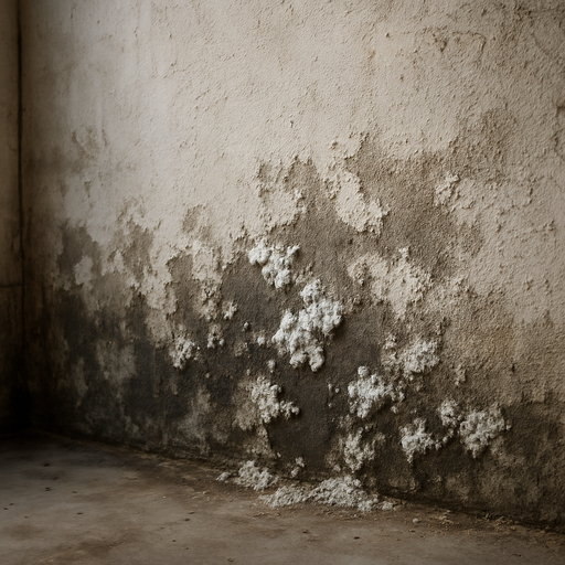 Gutachter-Durchfeuchtete Kellerwand mit abplatzendem Putz und Salzausblühungen