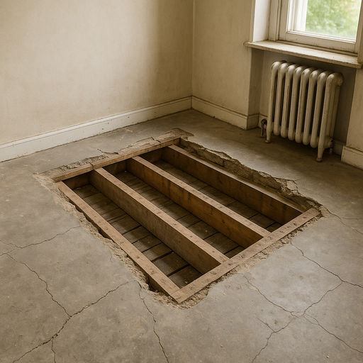 Innenraum mit geöffnetem Bodenaufbau im Rahmen einer Sanierungsplanung