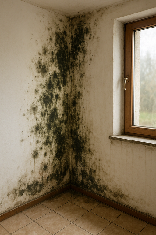 Gutachter-Schimmelbefall an einer verputzten Innenwand neben einem Holzfenster