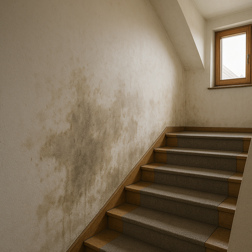 Gutachter-Feuchte Innenwand mit ausgeprägten Wasserflecken im Treppenhaus